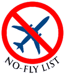 Un symbole d'interdiction sur le dessin d'un avion de ligne. No-Fly List.
